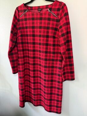 Talbots Red Black Plaid Dress Medium Long Sleeve Zipper Detail Holiday